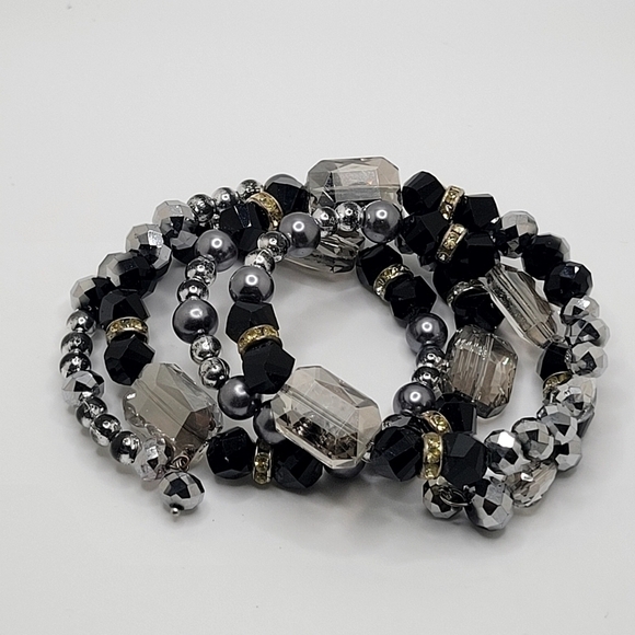 Silver Tone Black Clear Glass Stone Bead Memory Wire Wrap Bracelet - Picture 4 of 4